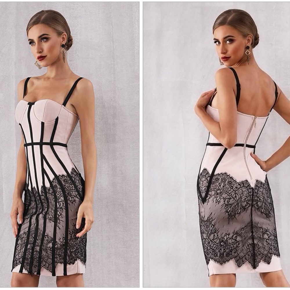 🎥 Bandage Style Lace Detail Nude Dress - Picture 3 of 17